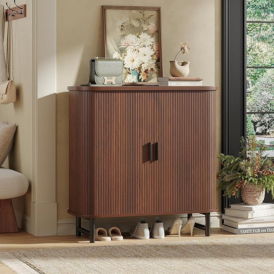 Maupvit Shoe Storage Cabinet with Smooth Fluted Sliding Doors, 5-Tier Shoe Cabinet Storage for Entryway, Narrow Hidden Shoe Rack for Front Door Entrance, Metal Handles and Legs, Walnut