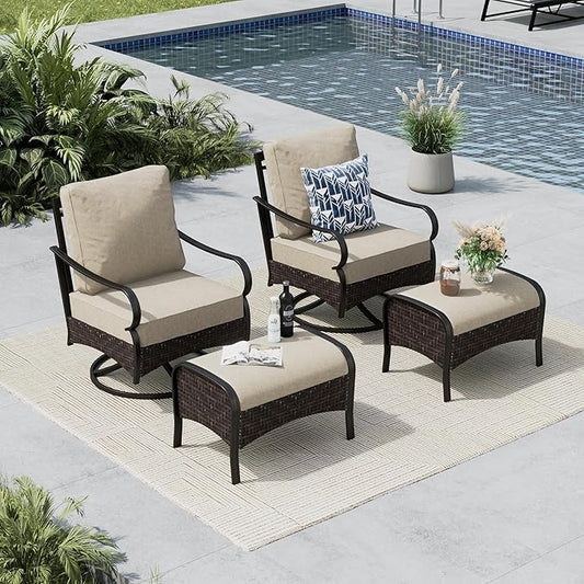 MFSTUDIO 4 Pieces Outdoor Patio Furniture Set, Metal Outdoor Conversation Sofa, Rattan Wicker Patio Sectional Sofa Set with 2 x Swivel Single Sofa, 2 x Ottoman, Beige