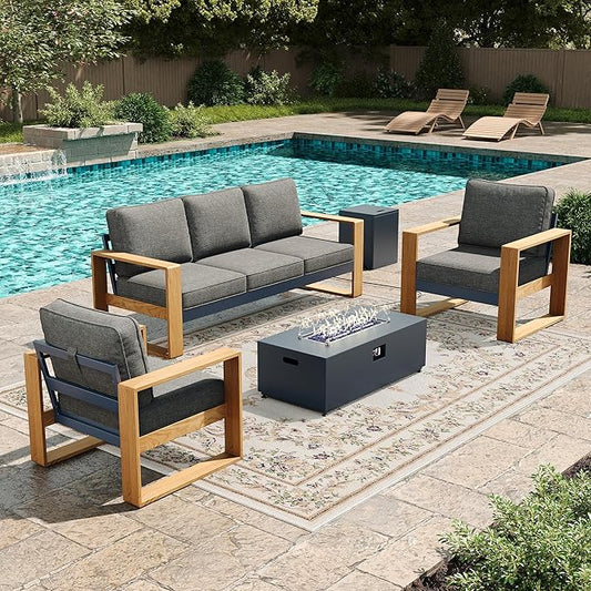 LayinSun 4 Pieces Aluminum Patio Furniture Set with Fire Pit Table, Oversized Seat with Hight Back, Outdoor Conversation Sets for Porch, Balcony, Deck