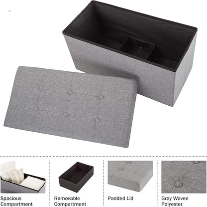 Lavish Home Set of 2 Ottomans - 30-Inch Tufted Footrest, Linen Chest, or Bench Set with Removable Bin for Living Room, Bedroom, or Dorm (Light Gray)