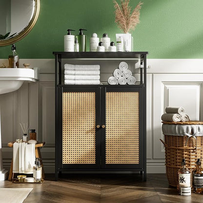 Bamboo Floor Rattan Cabinet, Bathroom Storage Organizer Rack with 2 Doors and 1 Shelf, Space Saving Wood Kitchen Cupboard, Hallway Side Table, Living Room Freestanding Stand (Black)