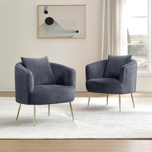 Art Leon Accent Chair Set of 2, Modern Velvet Upholstered Armchairs, Living Room Side Chairs Barrel Chairs with Golden Metal Legs, Gray