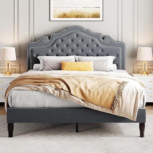 SHA CERLIN Full Size Bed Frame with Adjustable Headboard/Velvet Upholstered/Diamond Button Tufted and Metal Studs/No Box Spring Needed/Wooden Slat Support/Easy Assembly/Light Grey