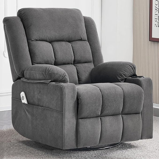 Swivel Rocker Recliner Chair for Adults with Massage and Heat, Cup Holders and Side Pockets, Glider Rocking Reclining Single Sofa Chair for Living Room (Dark Gray)