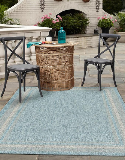 Unique Loom Outdoor Border Collection Area Rug - Soft Border (4' 1" x 6' 1" Rectangle, Aquamarine/ Ivory)