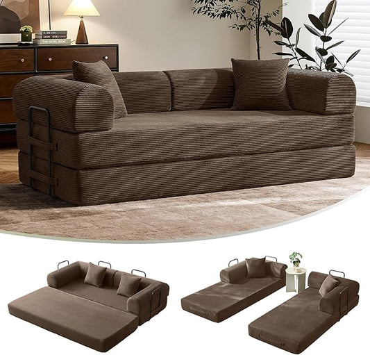 79" Convertible Sofa Bed with Fixed-Shape Frame & Removable Armrests, Modular Corduroy Sleeper Sofa, Folding Mattress Couch for Small Spaces - No Assembly Needed in Brown (Includes 2 Pillows)