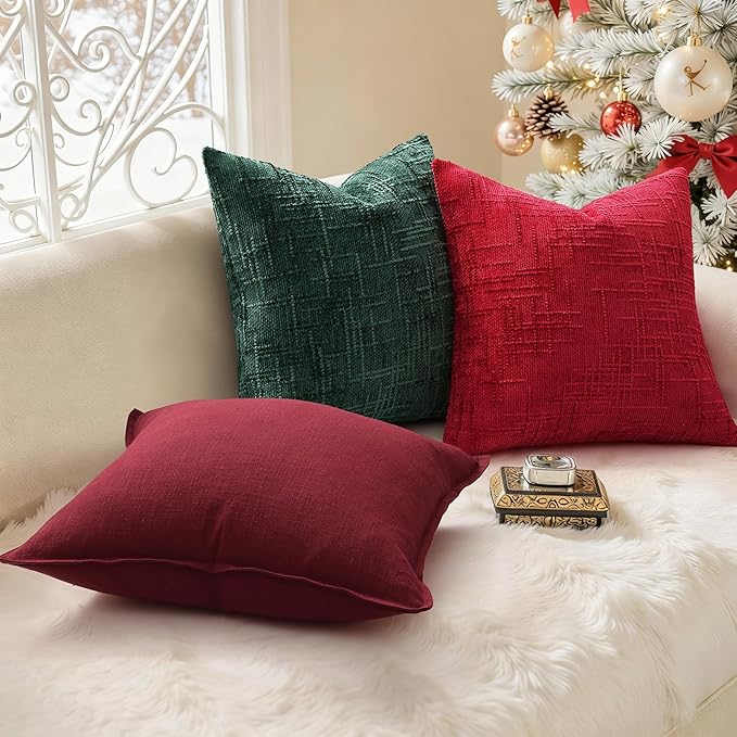 decorUhome Christmas Green Chenille Throw Pillow Covers 16x16 Set of 2 Thick Textured Slubby Couch Pillow Covers Farmhouse Accent Modern Neutral Decorative Pillow Cases for Bed Sofa Living Room