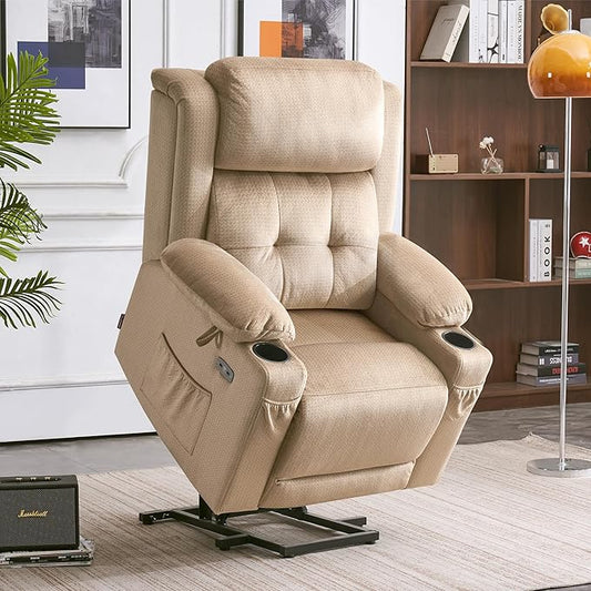 MCombo Small Triple Motor Power Lift Recliner Chair with Massage and Heat for Petite Elderly People, Adjustable Headrest, Infinite Position, USB Ports, Fabric 7664 (Beige, Small)