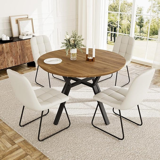Extendable Round Dining Table Set for 4 People, 43.3"-59.1" Extendable Kitchen Table with 4 Upholstered Chairs, Space Saving for Kitchen Dining Room (Walnut Table+4 U-Shaped White Chairs)
