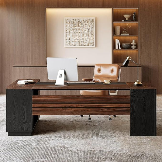 LITTLE TREE 78.7 Inches Modern Executive Desk with File Cabinet, Extra Large L Shaped Home Office Desk with Drawers, Professional Spacious Workstation for Home Office (Brown & Black)