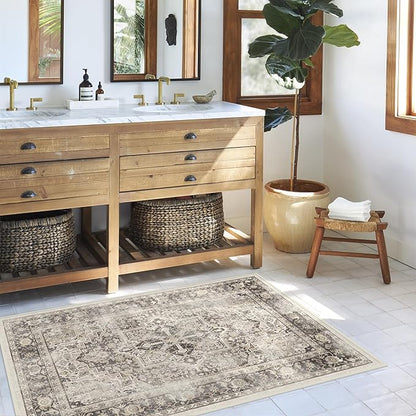 RUGGABLE Washable Vintage Area Rug – Kamran Hazel 4x6, Stain-Resistant, Non-Slip – Medium Machine Washable Rugs for Living Room, Bedroom, Hallway, Entryway & Office–with Standard Pad