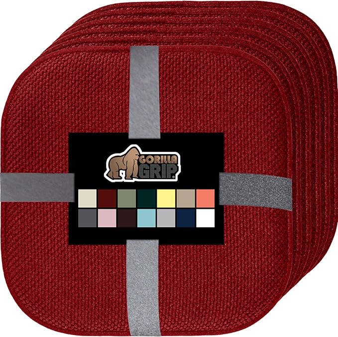 GORILLA GRIP Slip Resistant Chair Cushions, No Ties Required, Set of 6 Memory Foam Pads for Dining Room, Kitchen Table, Office, Rocking Chairs, Plush Seat Cover Cushion Pad, Home Decor, 16x16, Red