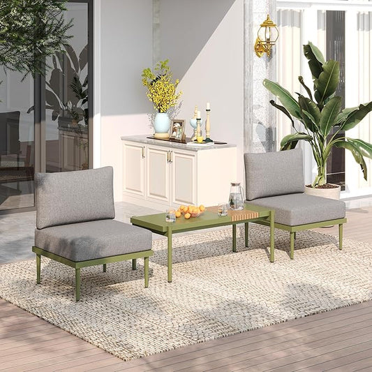 Sundale Outdoor 3 Pieces Patio Furniture Set, Metal Outdoor Sectional Sofa with 6 Inch Olefin Cushion and Coffee Table, All-Weather Modern Outdoor Conversation Sets (Green Frame)
