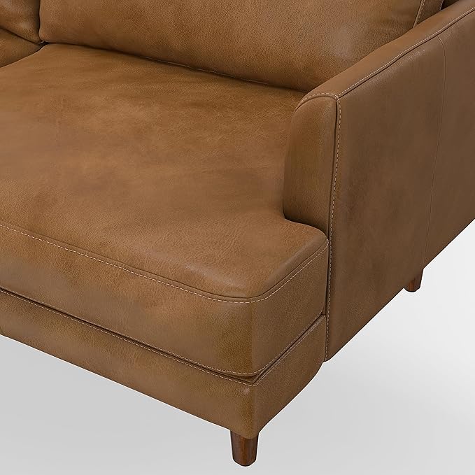 SIMPLIHOME Livingston 90-inch Wide Sofa in Caramel Brown Top Grain Genuine Leather, Handcrafted Mid-Century Modern Couch for Living Room, Large 3-Seater with Feather-Wrapped Cushions