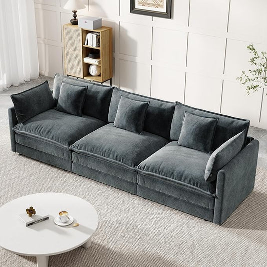 Modular Sectional Sofa, 111.5 Inch I-Shaped Cloud Sofa with Deep Seat Chenille Sofa with Cushions, Three-Self Sectional Sofa for Living Room Apartment,Gray