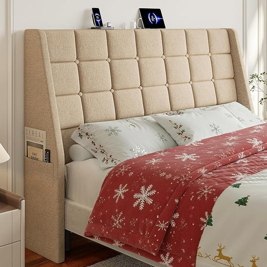 Queen Size Headboard with Charging Station, Ergonomic Upholstered Linen Headboards Only, Wingback Wood Bed Head Board with Storage Pocket, Bed Frame Adapters, Beige