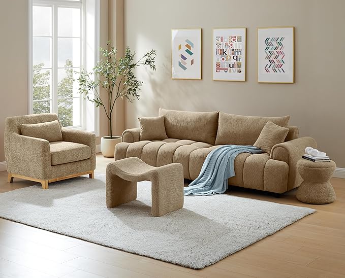 VANOMi Extra Deep Accent Chair, Fabric Upholstered Comfy Reading Armchair for Living Room, Bedroom Single Seat Sofa Chair with Wood Base, Lamb Fabric