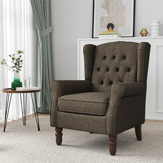 High Back Accent Chair, High Wingback Chair for Living Room, Button-Tufted Upholstered Fabric Armchair with Solid Wood Legs, Comfy Single Sofa Reading Chair for Bedroom, Taupe