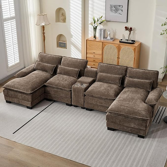 U Shaped Sectional Sofa with Storage Console, Cup Holders & USB Ports, Small Modular Cloud Couch with Deep Seats, Modern Comfy Living Room Sofa for Apartment, Chenille Brown