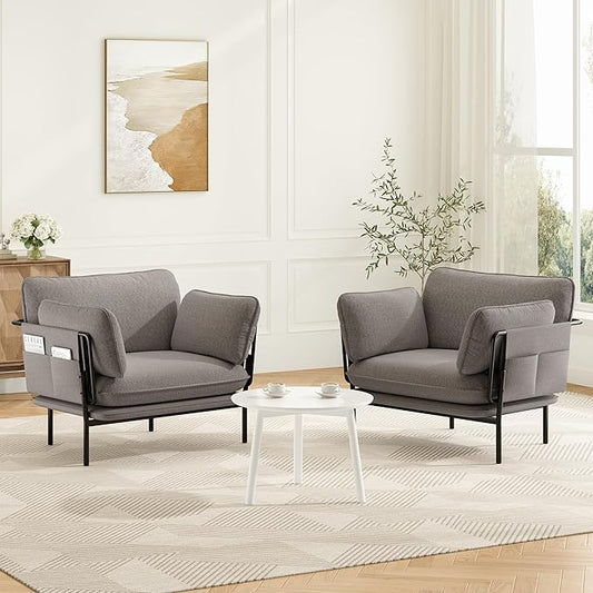 Modern Accent Chairs Set of 2, Oversized Living Room Chairs, Reading Chair with Solid Metal Legs, Fabric Armchair with Side Pockets and 2 Pillows, Accent Chairs for Bedroom, Nursery, Khaki