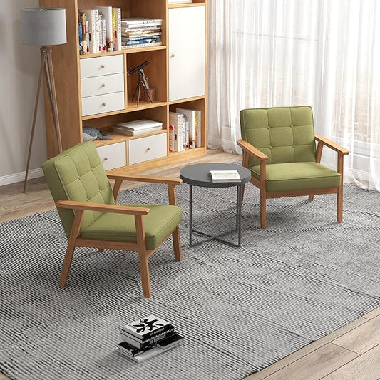 KCC Mid-Century Modern Linen Fabric Accent Chair Set of 2, Upholstered Tufted Leisure Chair Comfy Reading Side Chair with Armrest and Solid Wood Frame for Living Room Bedroom Balcony(Green)