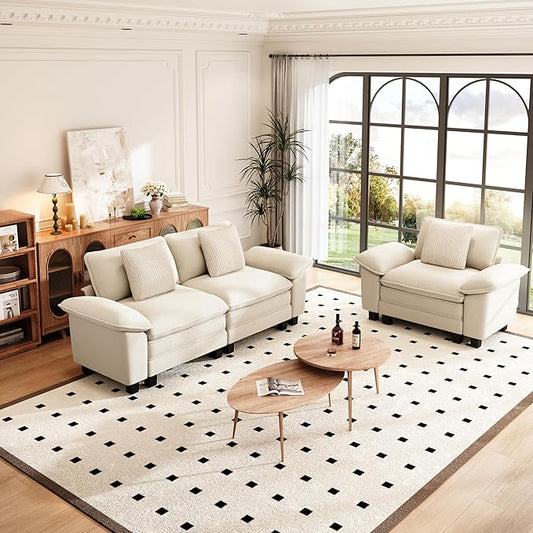 PHI VILLA Cloud Modular Couches Sets, 2 Pieces Sectional Sofa Set with Loveseat, 3-Seater Comfy Couch for Living Room Apartment, Chenille Fabric, Beige