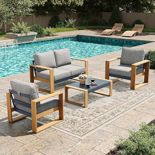 LayinSun 4 Pieces Aluminum Patio Furniture Set with Coffee Table, Oversized Seat with Hight Back, Outdoor Conversation Sets for Porch, Balcony, Deck
