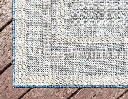 Unique Loom Outdoor Border Collection Area Rug - Soft Border (7' 10" Square, Blue/ Ivory)
