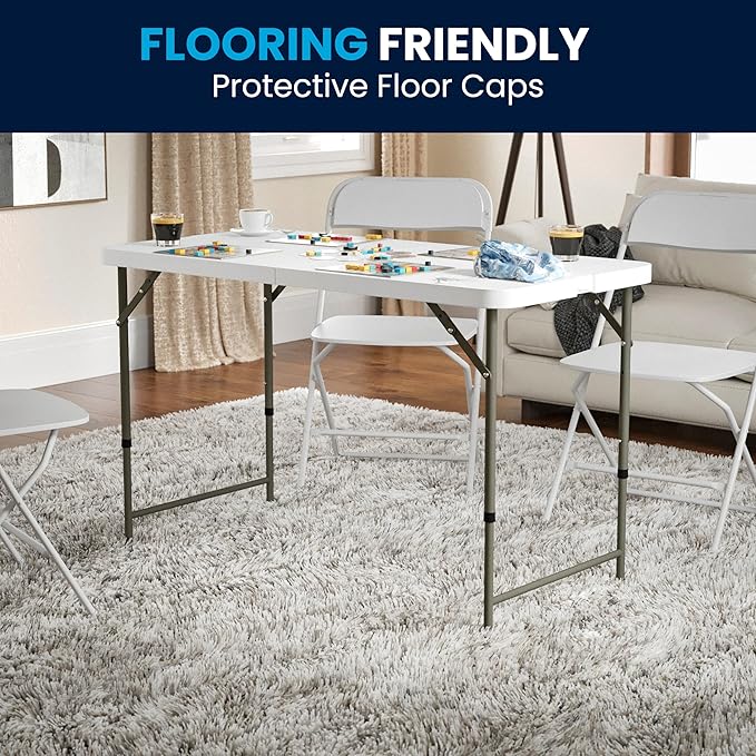 Flash Furniture 4' Rectangular Plastic Folding Event Table with Adjustable Legs and Carrying Handle, Bi-Fold Portable Banquet Table for Indoor/Outdoor Events, White