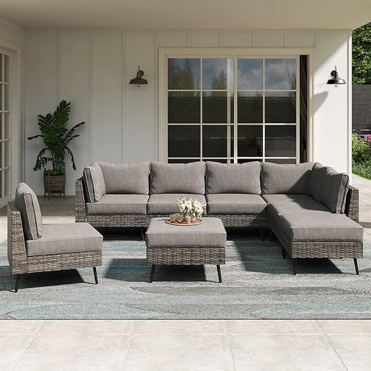 LAUSAINT HOME 8 Piece Outdoor Sectional Sofa PE Rattan Patio Conversation Sets, All Weather Patio Furniture Set with Thick Cushions for Garden, Poolside, Backyard (Grey)