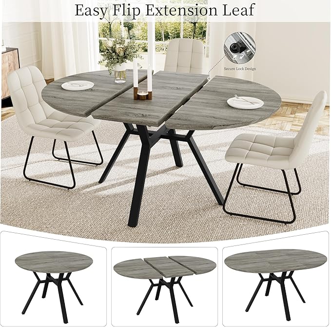 Extendable Round Dining Table Set for 6 People, 43.3"-59.1" Extendable Kitchen Table with 6 Upholstered Chairs, Space Saving for Kitchen Dining Room (Grey Table+6 U-Shaped White Chairs)