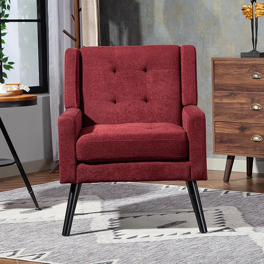 Mid-Century Modern Accent Chair, Plush Linen Fabric with Button Tufted High Back & 5" Thick Cushion, High Comfort Reading Chair for Living Room, Bedroom, Office (Red)