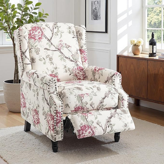 Pushback Recliner Chair, Floral Fabric Wingback Recliner Chair, Upholstered Armchair Push Back Recliner, Rivet Trim Single Sofa Accent Chair with Wood Legs for Living Room, Plants Floral