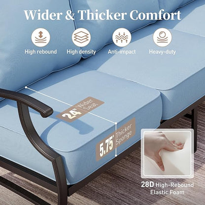 5 Piece Metal Outdoor Patio Furniture Set, Patio Conversation Sets 1 3-seater Sofa, 2 Fixed Chair, 2 Ottomans with 5.75" Thick Cushion, Black All-weather Frame Backyard Furniture, Blue