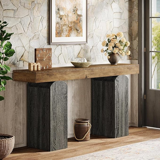 Tribesigns 63" Long Entryway Table, Farmhouse Console Table with 2 Arched Pedestal Legs, Wooden Sofa Console Behind The Couch for Entrance, Hallway, Living Room (Vintage Brown & Grey)