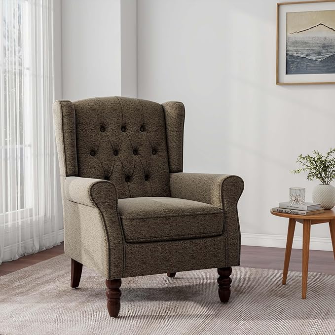 Accent Chair, Upholstered Armchair with Button Tufted High Back & Solid Wood Legs, Comfy Wingback Reading Single Sofa Chair for Small Spaces, Living Room, Bedroom-Taupe, Set of 2