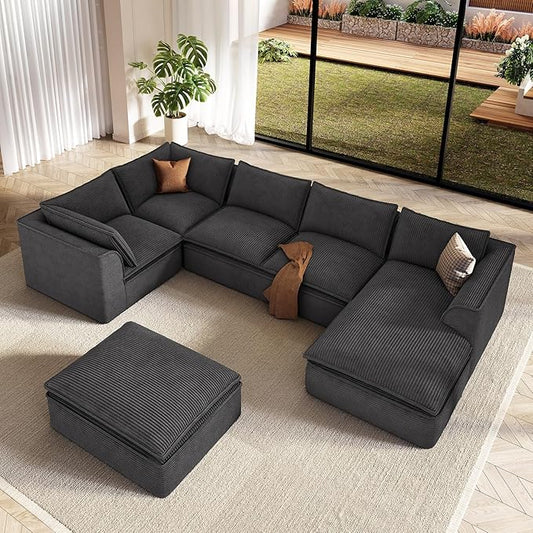 Vesgantti 141.7" Oversized Boneless Sectional Couch, 7 Seater Modular Sofa with Chaise & Ottoman & Armrest, Deep Seat Corduroy Cloud Couches for Living Room, No Assembly Required, Black