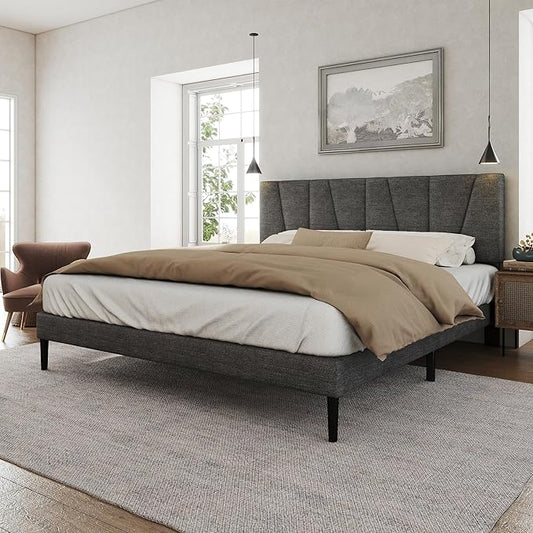 Full Size Bed Frame with Fabric Upholstered Headboard, Platform Bed with Wooden Slats Support, Fully Mattress Foundation, Box Spring Optional, Easy Assembly
