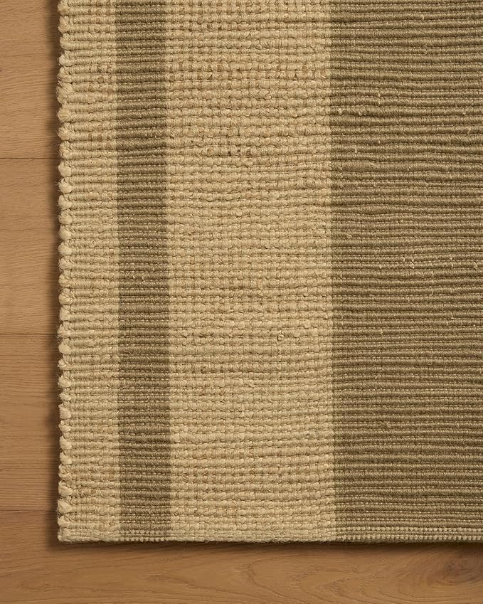 Loloi Leanne Ford Weatherstaff Collection WTS-03 Natural/Olive 2'-6" x 9'-9" Runner Rug Jute, Striped, Neutral, Hallway, Kitchen, Mudroom, and Bathroom