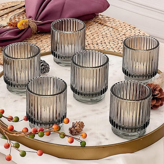 Kate Aspen Ribbed Glass Candle Holder Set - 6 Smoke Gray Tealight Holders for Home, Kitchen, Room or Living Room Decor - Vintage Tea Light Votive Accent for Table or Shelf Styling