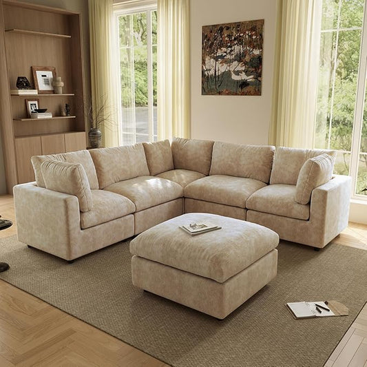 WJShome Modern V Shaped Sectional Couches for Living Room,100 Inch 5-Seater Chenille Deep Seat Modular Sofa with Ottoman, Cloud Couch for Bedroom and Apartment，Khaki