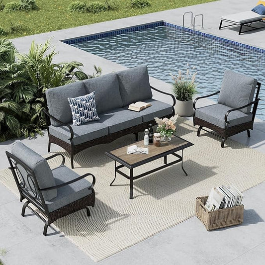 MFSTUDIO 4 Pieces Outdoor Patio Furniture Set, Metal Outdoor Conversation Set, Rattan Wicker Patio Sectional Sofa Set with 2 x Rocking Single Sofa, 3-Seat Sofa, 1 x Coffee Table, Grey