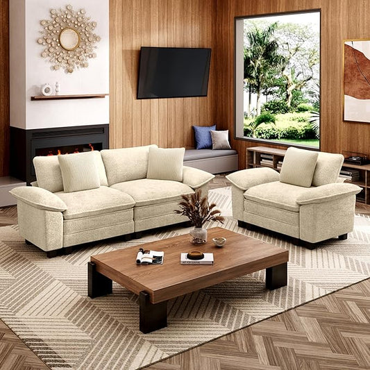 L-Shaped Cloud Modular Sofa Set with Chaise, Deep Seat 3-Piece Sectional & Removable Arms, Plush Chenille for Living Room - Beige