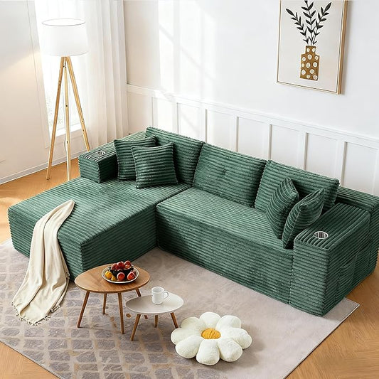 Modular Sectional Sofa, L Shaped Comfy Cloud Couch with Deep Seat, Boneless Couch for Living Room, Modern Sectional Sleeper with Chaise, No Assembly Required, Sofa in A Box, Green Corduroy