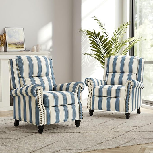Recliner Chair Set of 2, Modern Pushback Armchair with Adjustable Backrest & Footrest for Bedroom, Living Room-Navy Blue Stripe