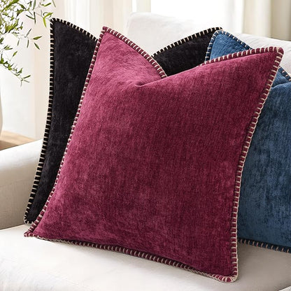 decorUhome Christmas Chenille Soft Throw Pillow Covers 18x18 Set of 2, Farmhouse Velvet Neutral Decorative Euro Pillow Covers with Stitched Edge for Couch Sofa Bed Home Decor, Rhododendron
