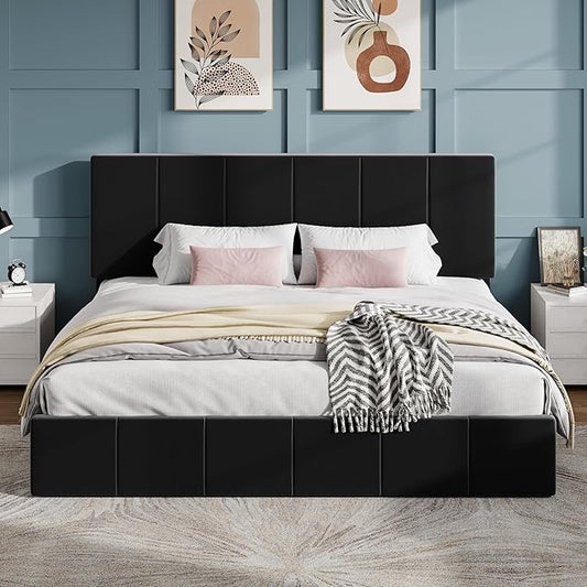 SHA CERLIN King Size Bed Frame, Velvet Upholstered Platform Bed, Vertical Channel Tufted Adjustable Headboard, Low Profile Bed Frame, No Box Spring Needed, Easy Assembly, Black