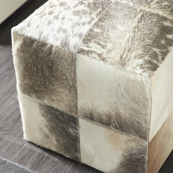 Deco 79 Leather Handmade Living Room Stool Cowhide Patchwork Ottoman, Foot Stool 16" x 16" x 16", Gray