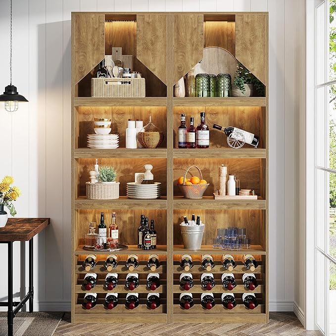 Tribesigns 86.6" Tall Wine Bar Cabinet with Stripe Light, Farmhouse Home Bar Liquor Cabinet with Wine Racks and Open Shelves for Kitchen Dining Living Room
