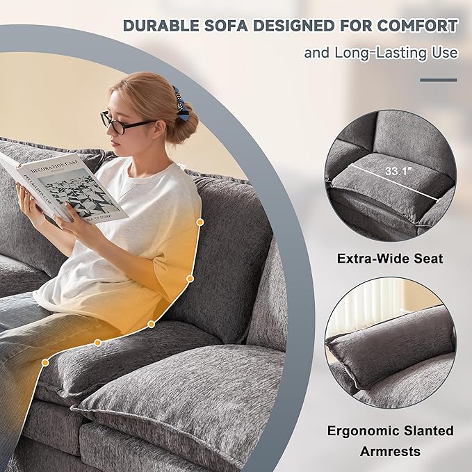 147 Inch Big Comfy Couch with Ottoman, 6 Seat U Shaped Couches, Cloud Modular Sectional Sofa, Modern Cloud Couch Sectionals, Sectional Couches for Living Room, Oversize Deep Seat Sofa, Grey